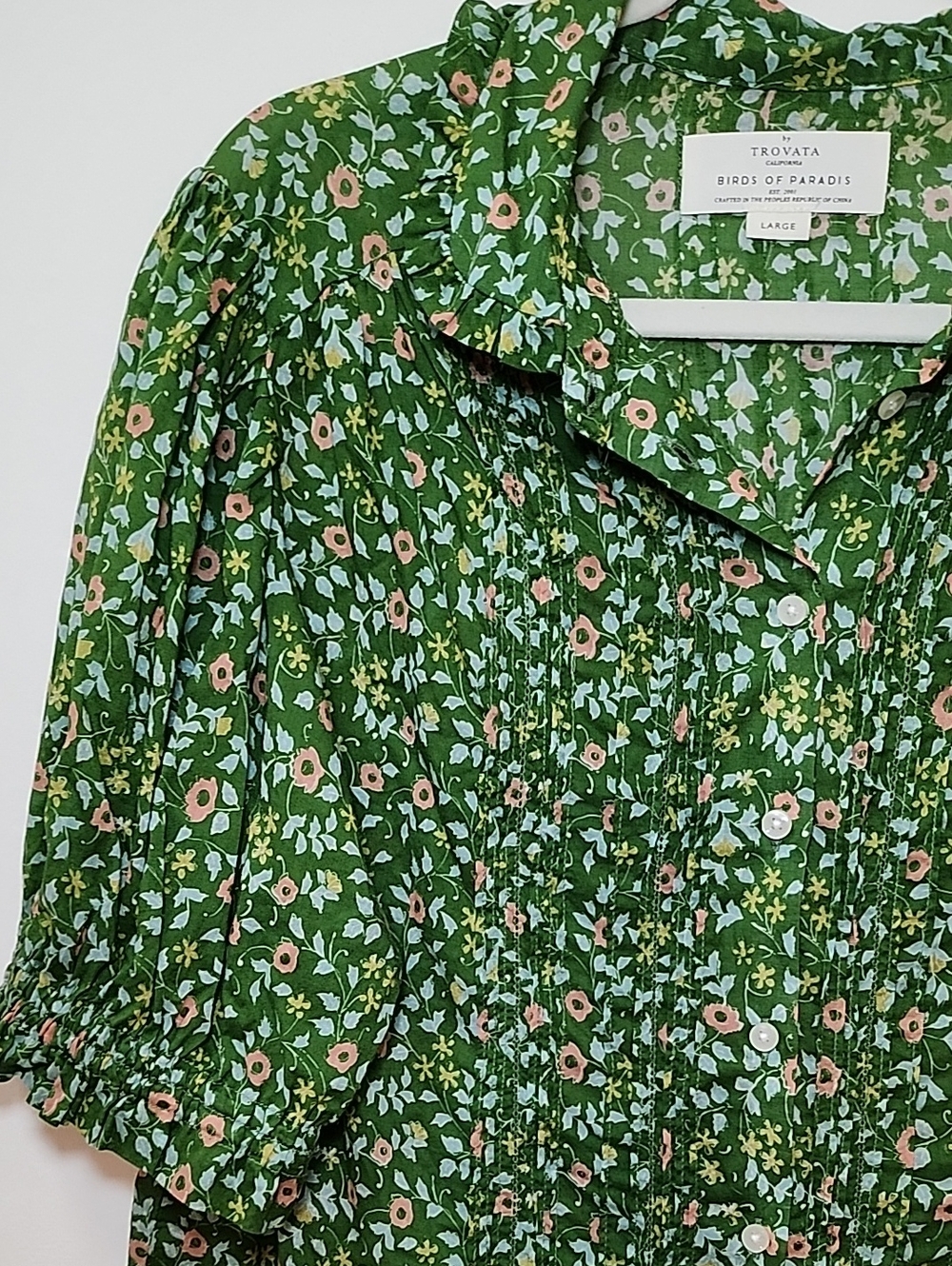 Anthropologie Trovata Romantic Green Floral Pintuck Button-Down Blouse Size L - Picture 5 of 16